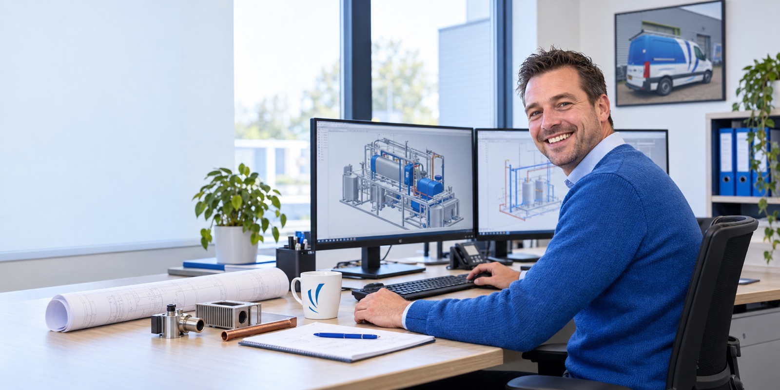 Engineer achter twee schermen met een 3D-tekening van een koelinstallatie