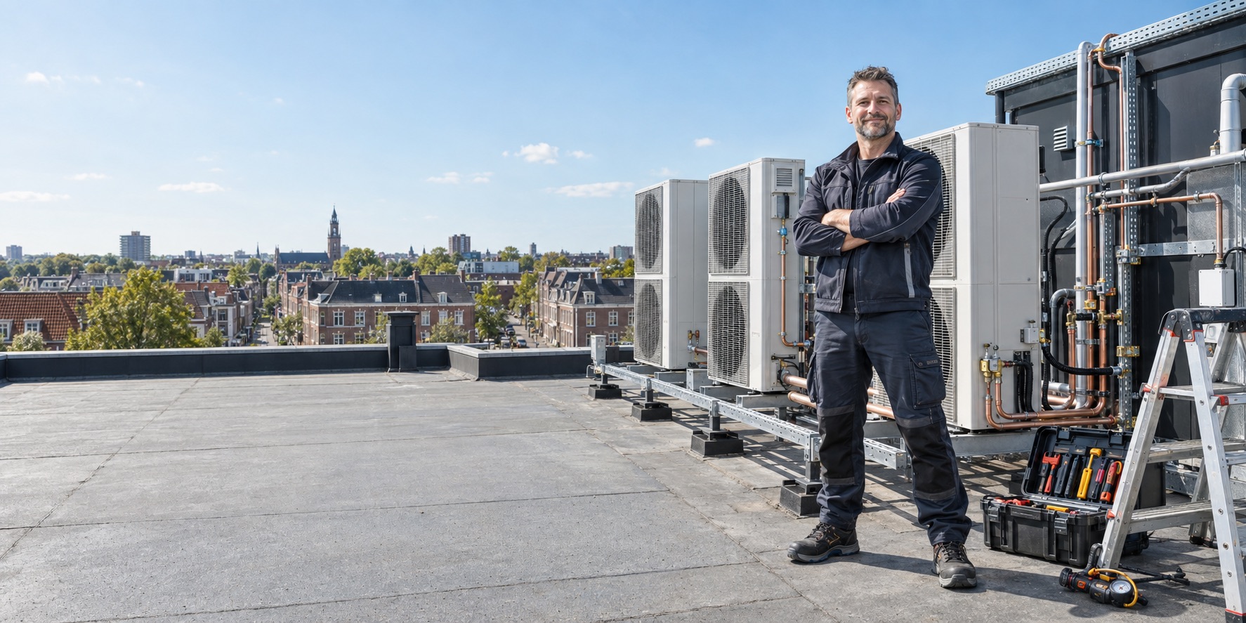 Monteur met de armen over elkaar naast zes buitendelen op een plat dak, met de stad erachter