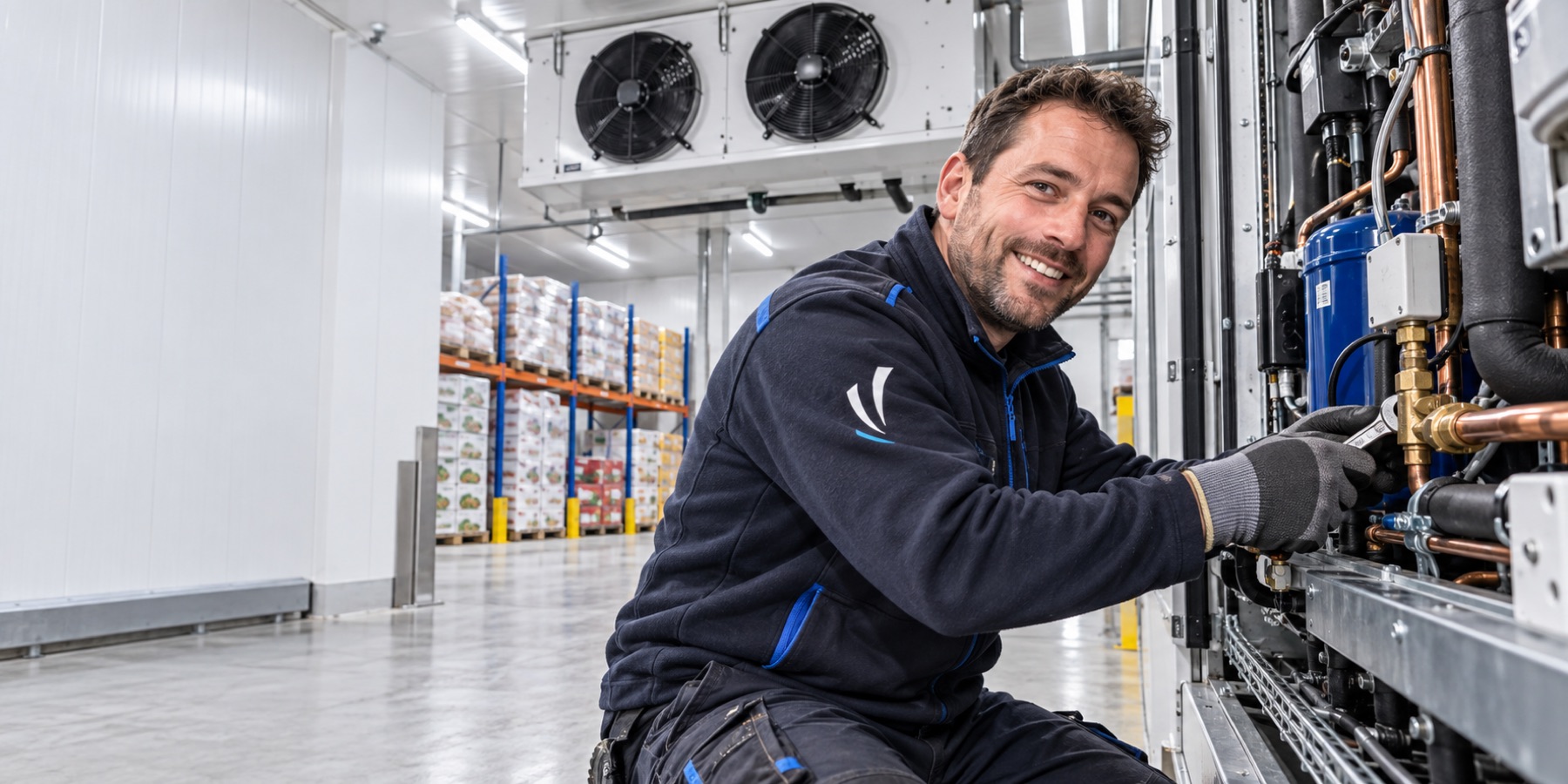 Monteur van Verbrugge sluit een koelinstallatie aan in een vrieshal en kijkt lachend op